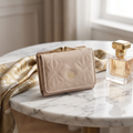 Luxury Quilted Women's Short Wallet with Gold Clasp – Beige