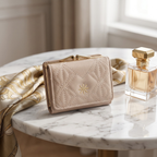 Luxury Quilted Women's Short Wallet with Gold Clasp – Beige