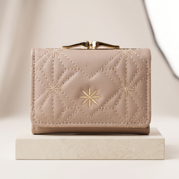 Luxury Quilted Women's Short Wallet with Gold Clasp – Beige