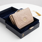 Luxury Quilted Women's Short Wallet with Gold Clasp – Beige