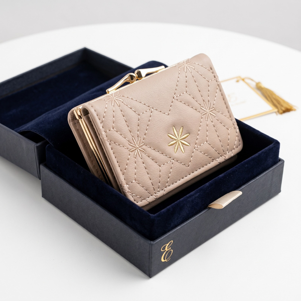 Luxury Quilted Women's Short Wallet with Gold Clasp – Beige